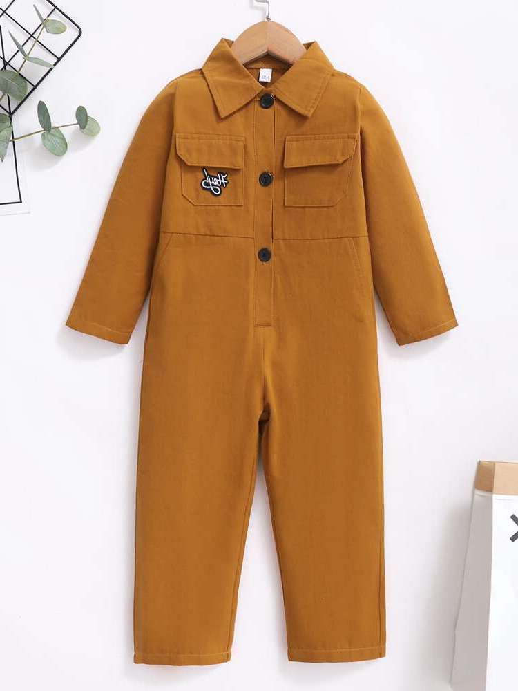 Patched Rust Brown Casual Toddler Boy Jumpsuits 3574