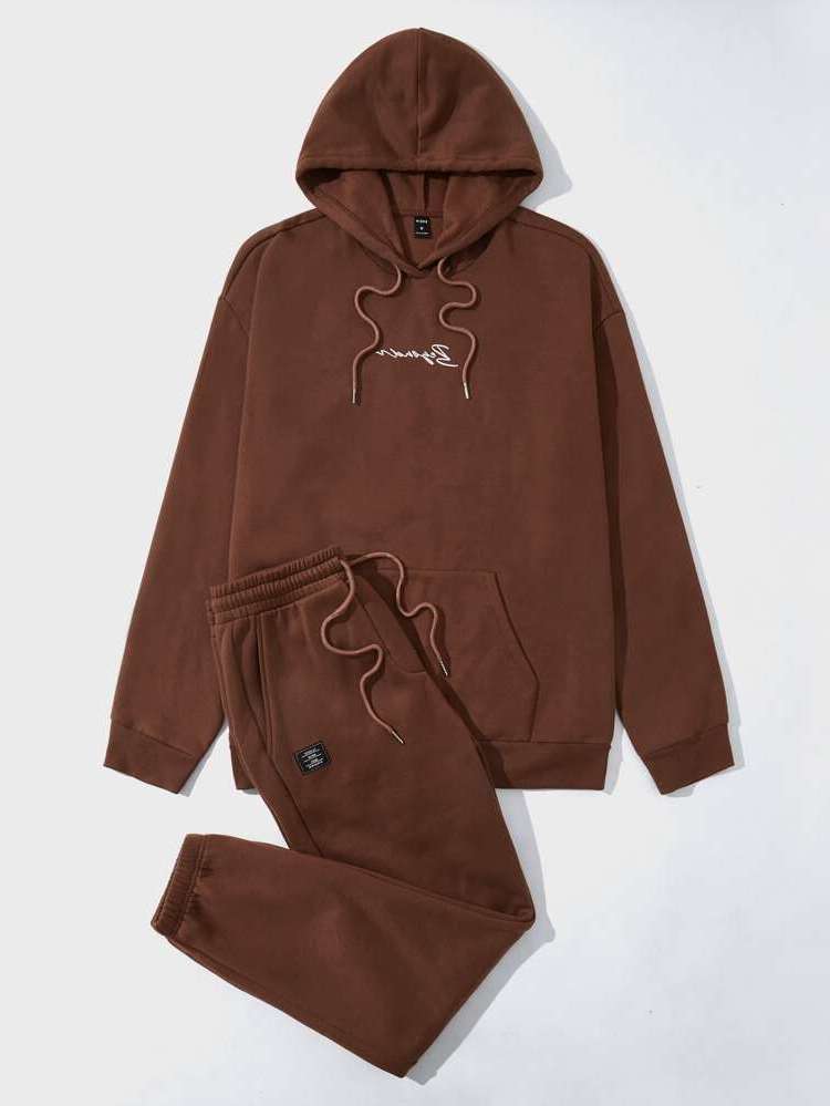 Hooded Embroidery Rust Brown Men Two-piece Outfits 882