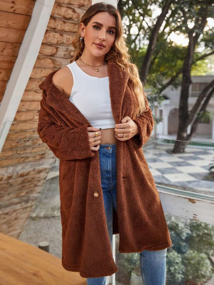 Long Sleeve Plain Lapel Rust Brown Plus Size Coats 447