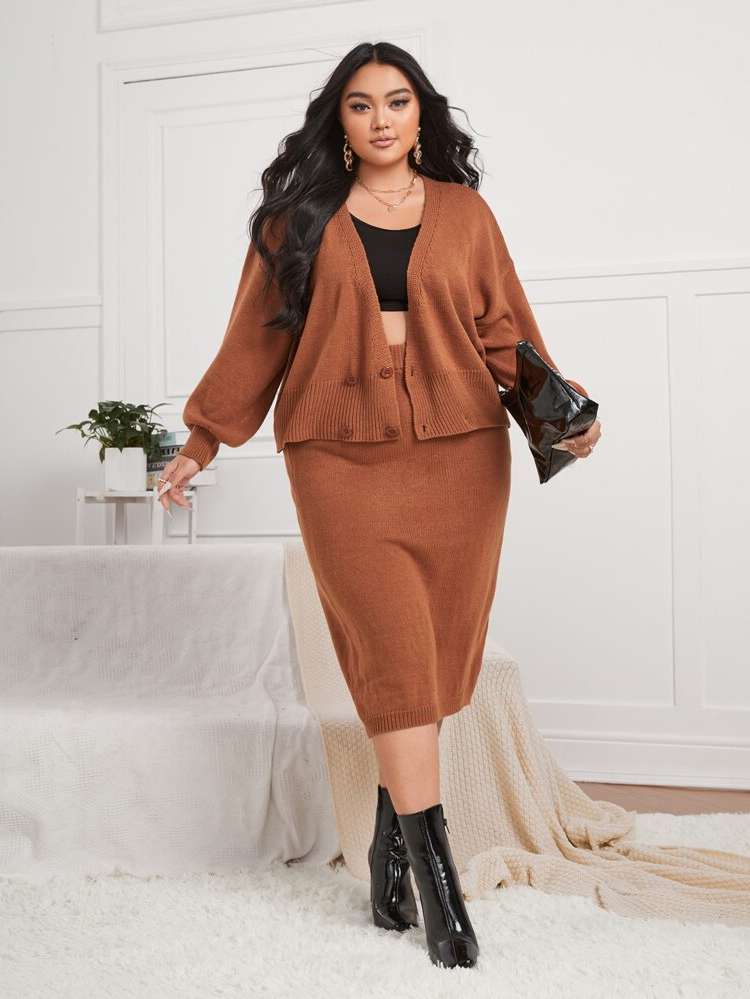   Rust Brown Plus Size Sweater Co-ords 7143