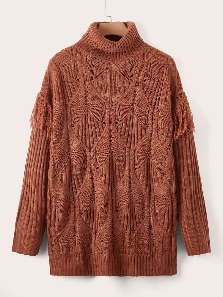 Fringe Long Long Sleeve Rust Brown Plus Size Sweaters 3740