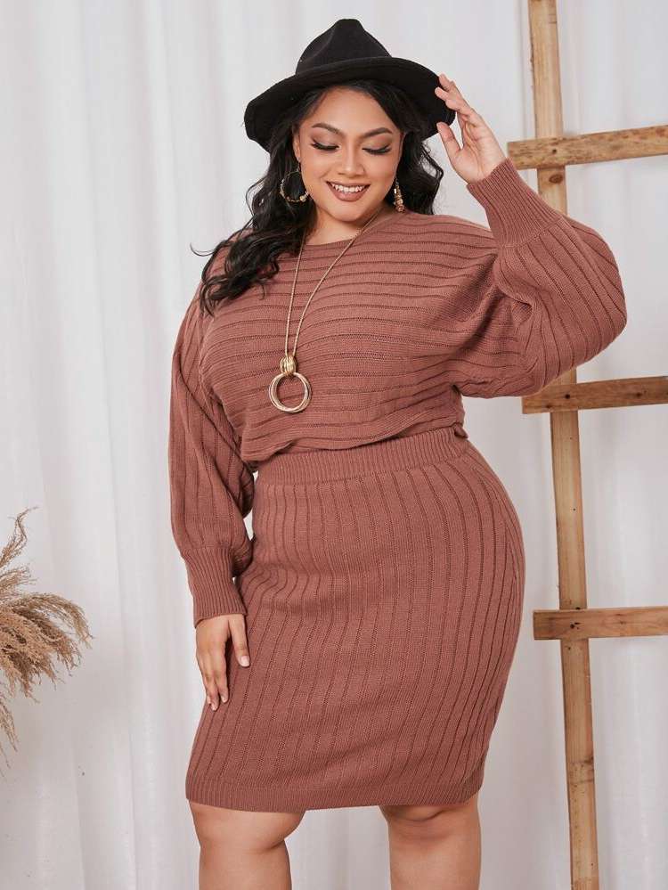  Plain Round Neck Plus Size Sweater Co-ords 5607