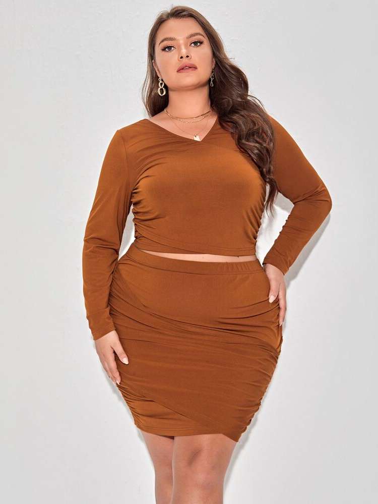 Rust Brown Plain V neck Women Plus Clothing 929