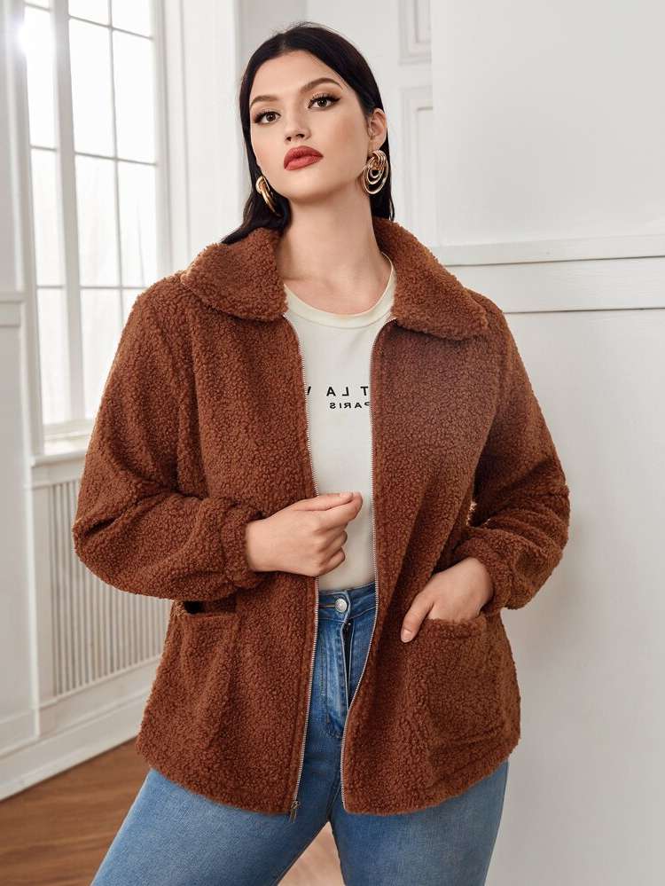 Pocket Long Sleeve Rust Brown Plus Size Outerwears 2782