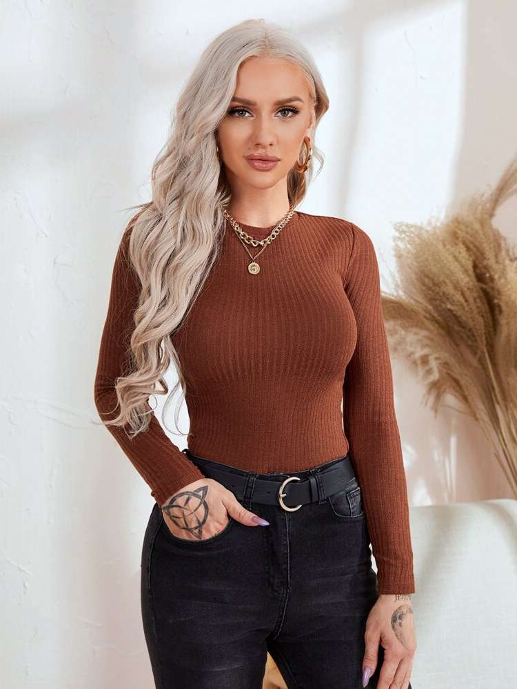 Slim Fit Rib-Knit Long Sleeve Regular Women Clothing 454