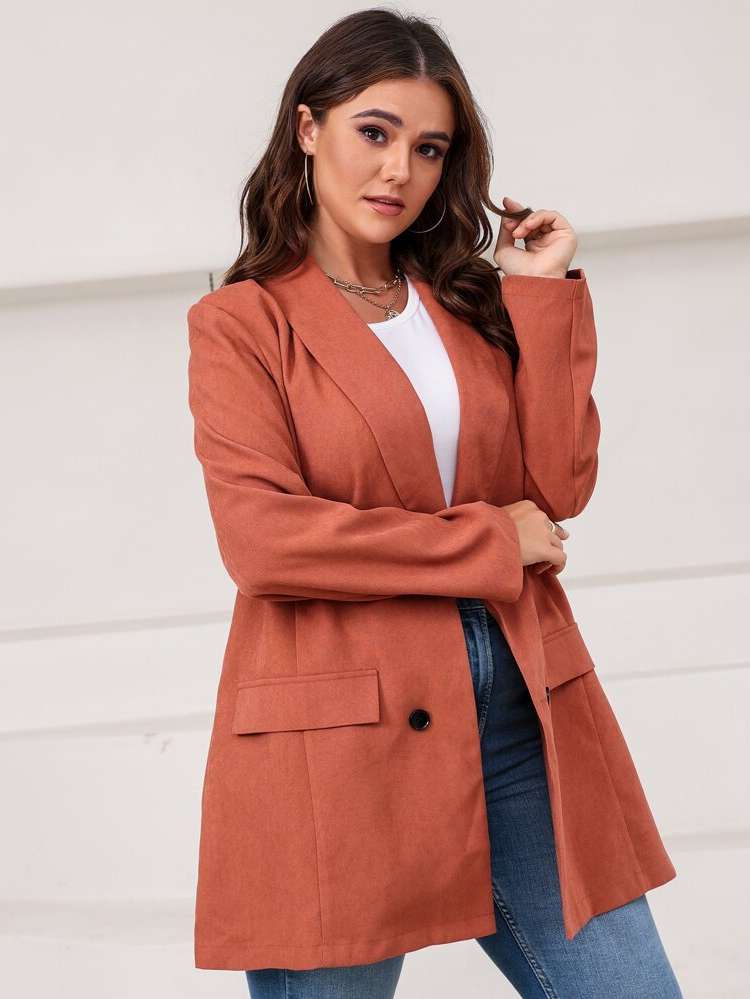 Fake Pockets Elegant Rusty Rose Lapel Plus Size Blazers 2756