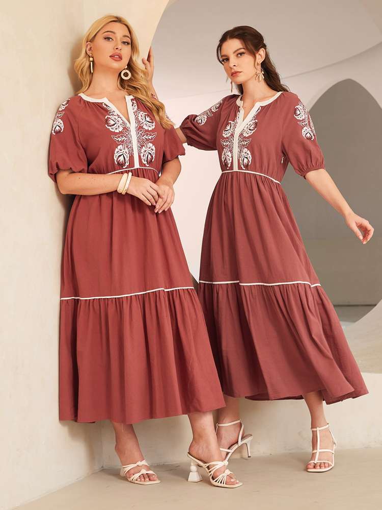 Floral Half Sleeve Regular Fit Rusty Rose Plus Size Dresses 3322