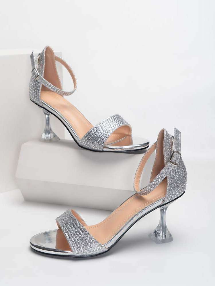 Plain Rhinestone Silver Women Heeled Sandals 5122