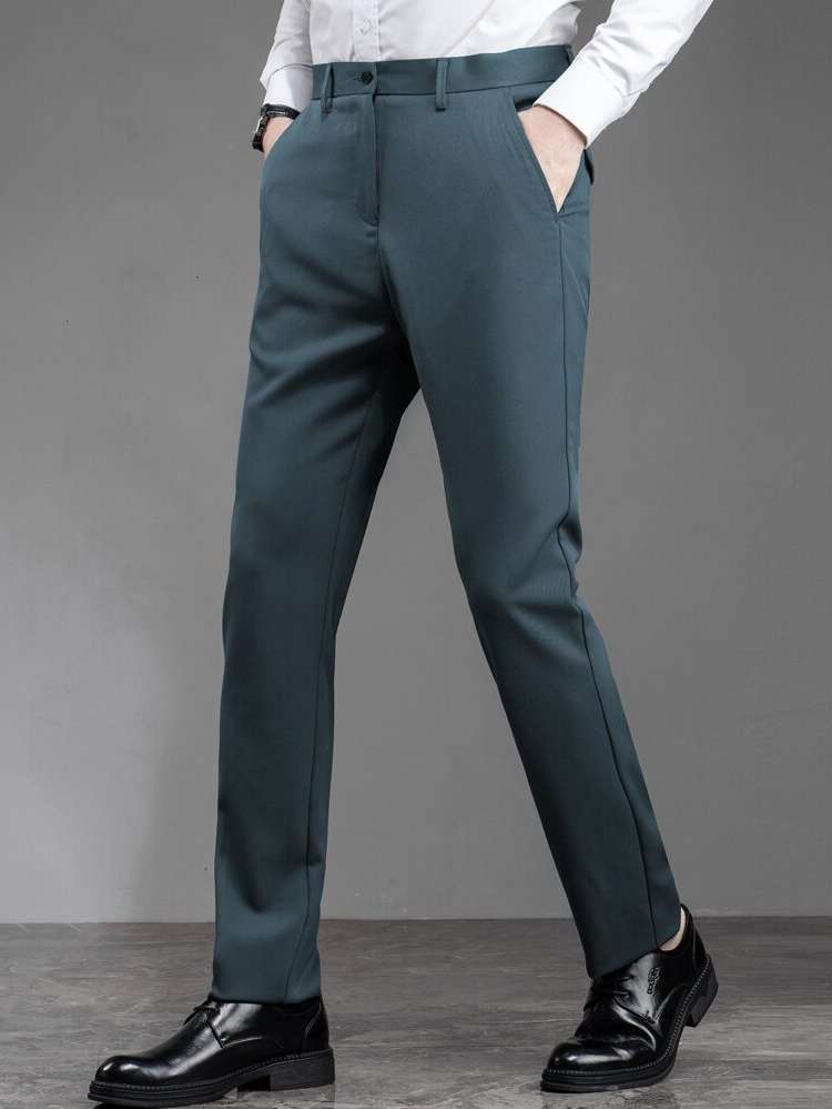 Teal Blue Pocket Regular Fit Plain Men Suit Pants 5328