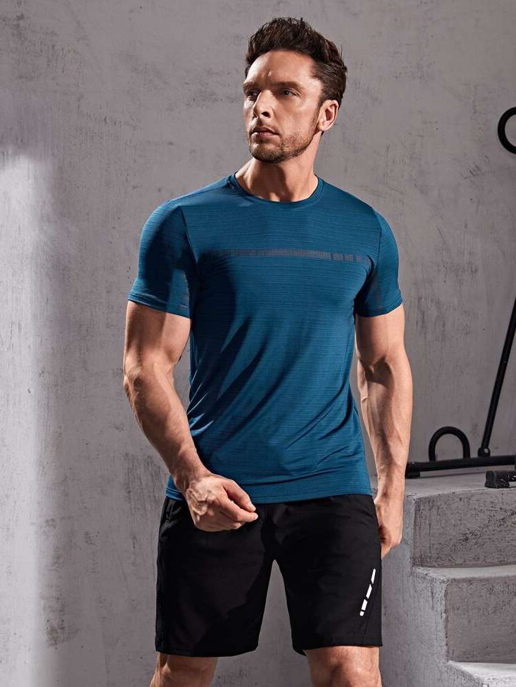  Round Neck Teal Blue Regular Fit Men Active Tops 6827