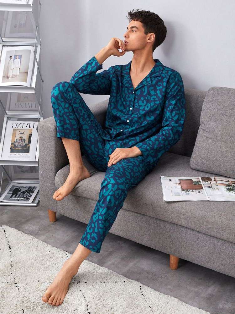 Leopard Lapel Teal Blue Men Underwear  Loungewear 4508