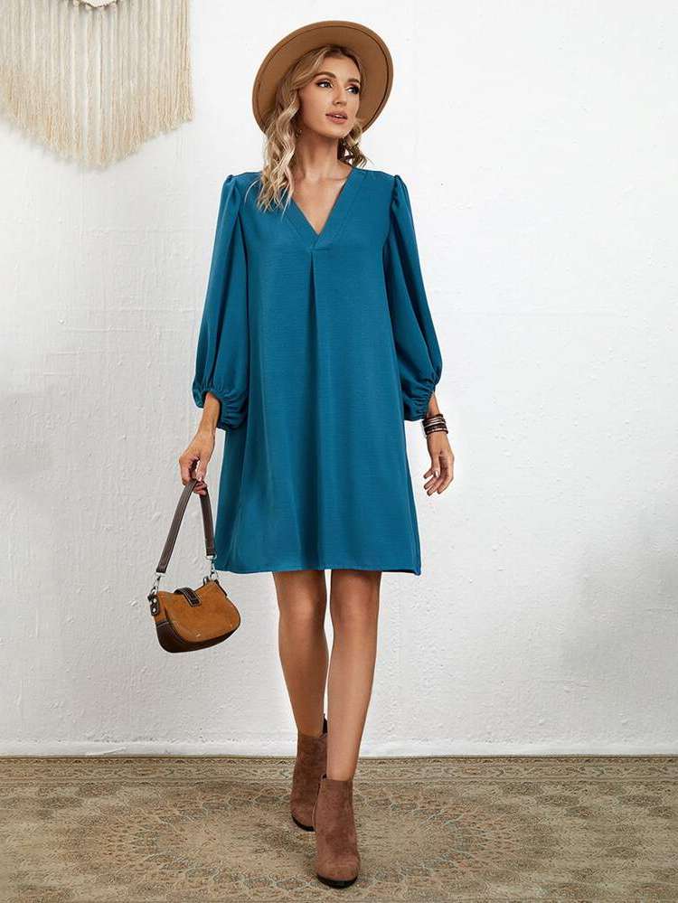  V neck Teal Blue Regular Fit Women Dresses 3364