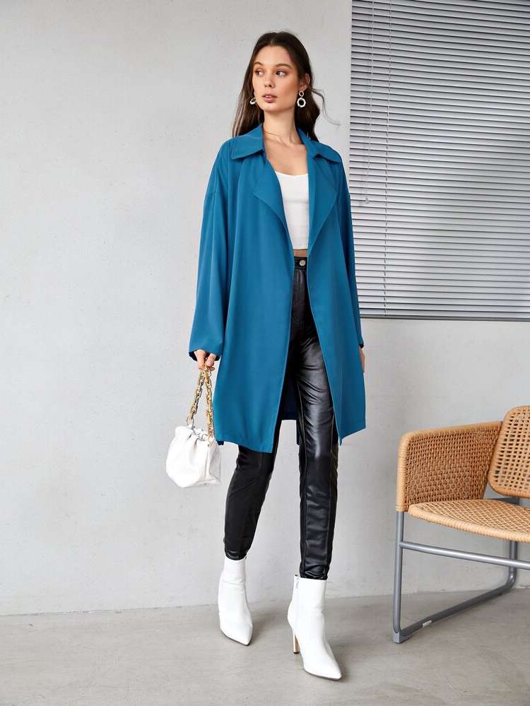 Plain Long Sleeve Teal Blue Women Outerwear 8727