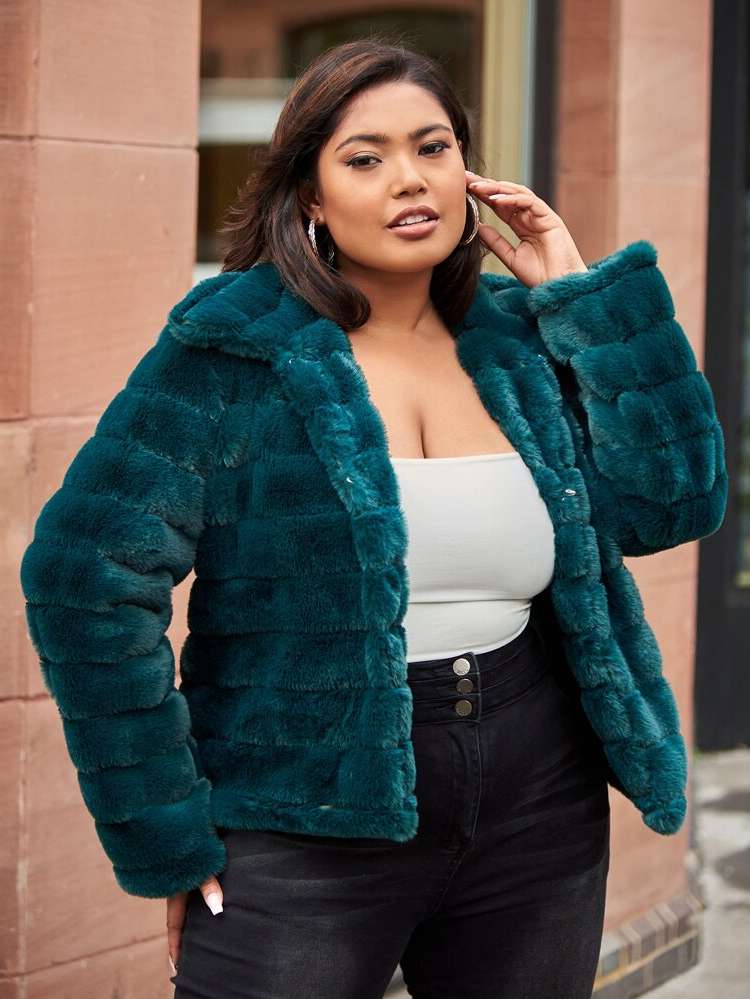 Regular Fit Collar Teal Blue Plus Size Faux Fur Coats 750