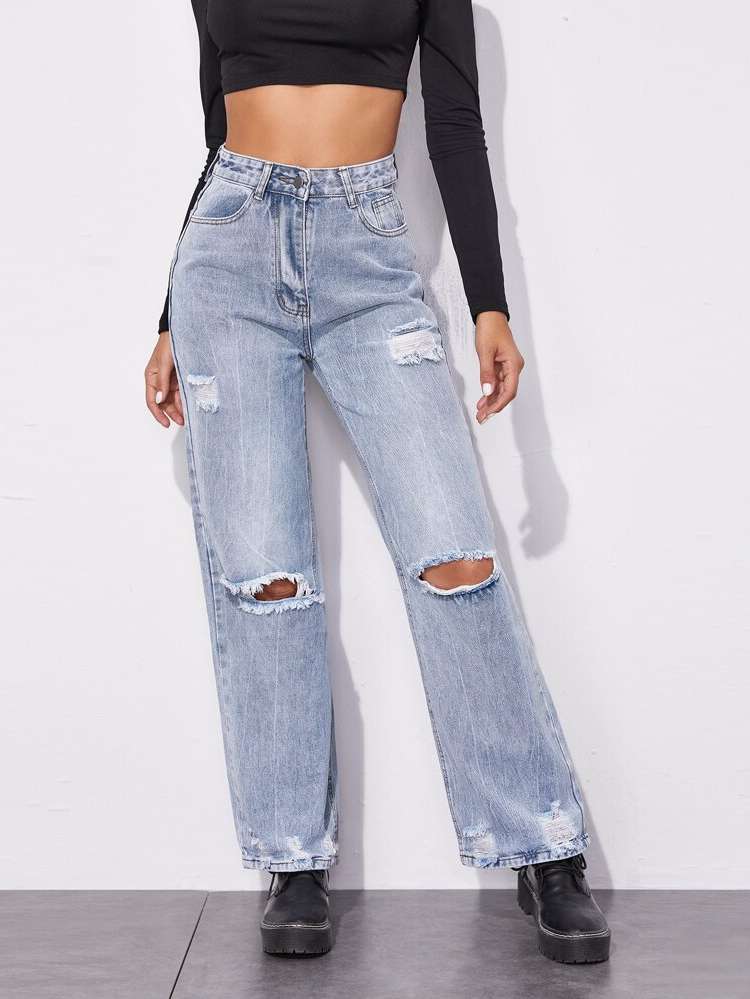 Loose Ripped Plain Women Denim 7374