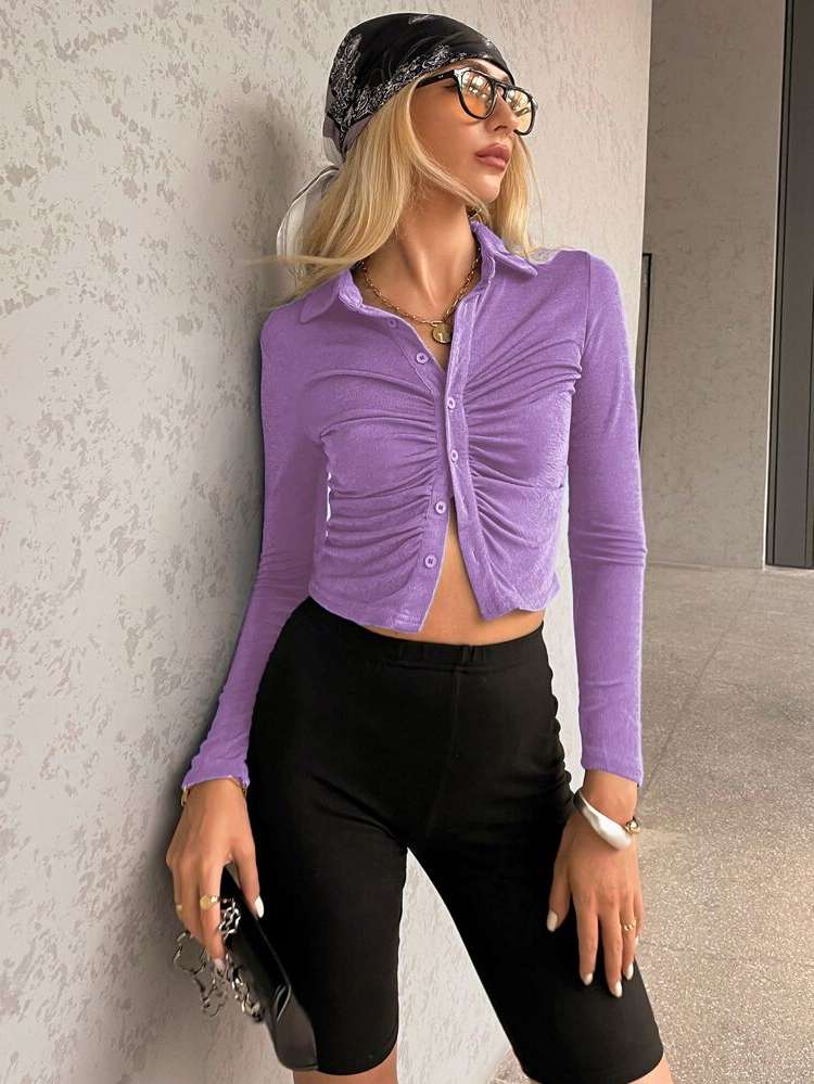 Slim Fit Ruched Violet Purple Long Sleeve Women Clothing 2010