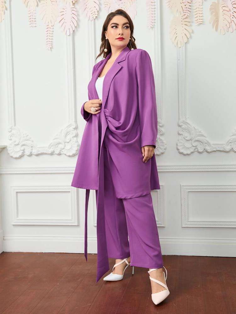 Long Sleeve Tie Front Lapel Plus Size Suit Sets 2875