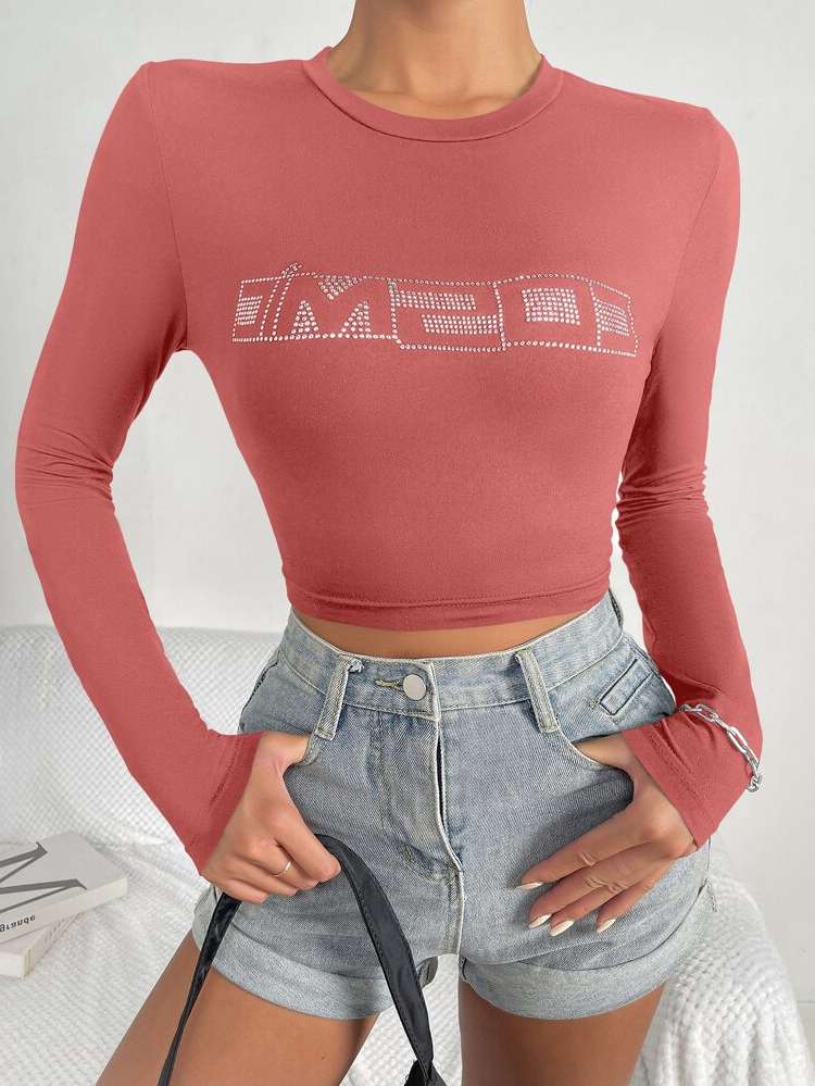 Long Sleeve Crop Letter Round Neck Women Clothing 343