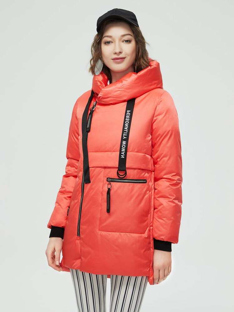 Watermelon Pink Regular Fit Hooded Letter Women Winter Coats 19