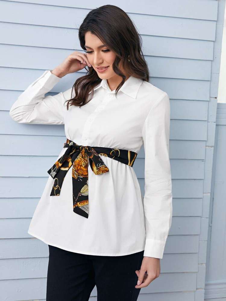 Long Sleeve Chain Print Long Maternity Tops 773