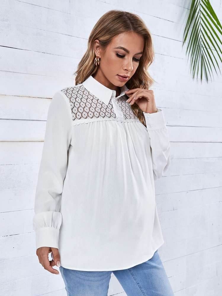  Elegant Contrast Lace Plain Maternity Tops 3606