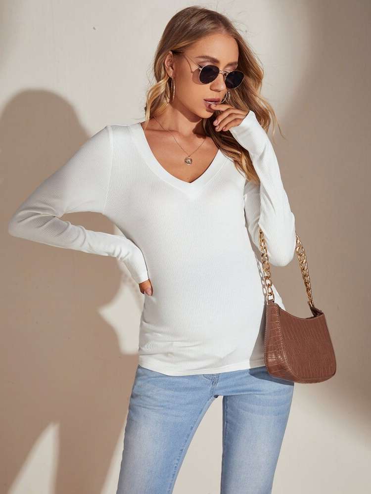 V neck Rib-Knit Regular Maternity Tops 1905