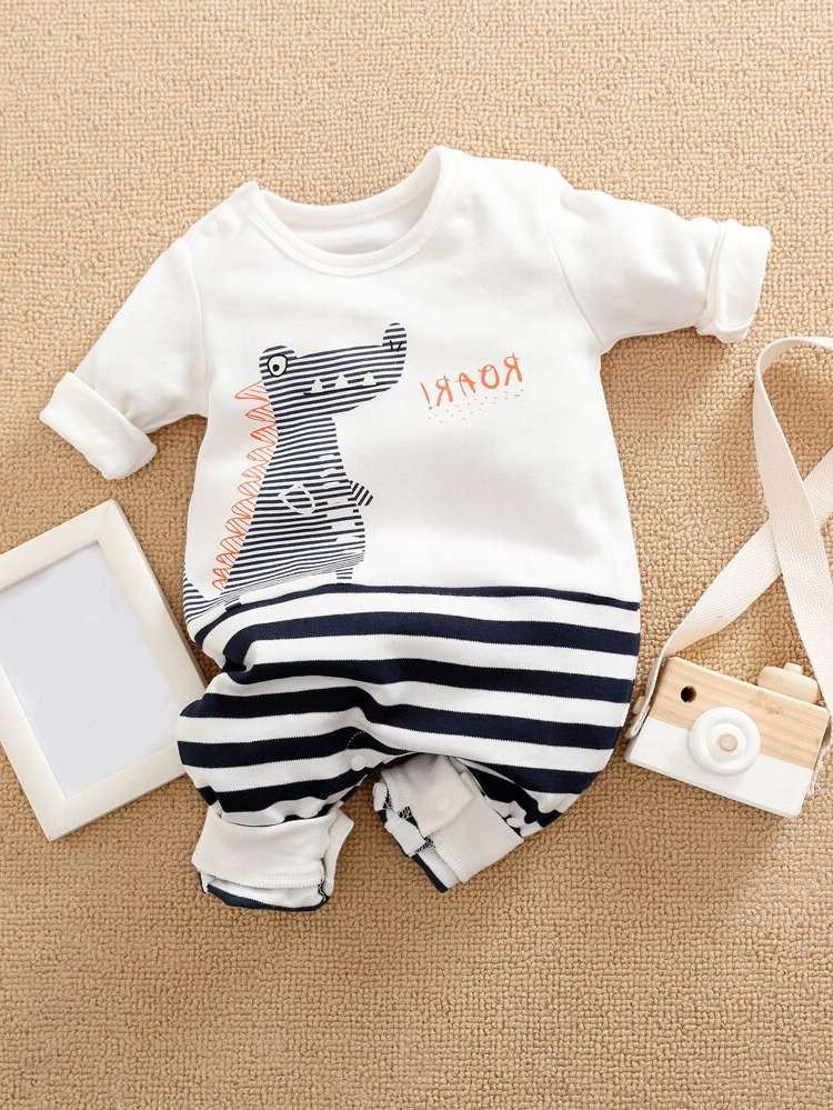 Long Sleeve Striped White Button Baby Onesies 8596