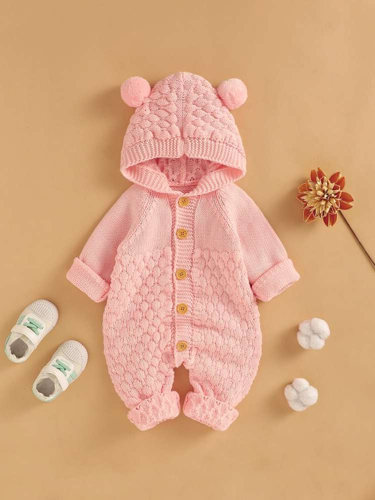 Button Front Hooded Cute Long Baby Sweater Onesies 1314