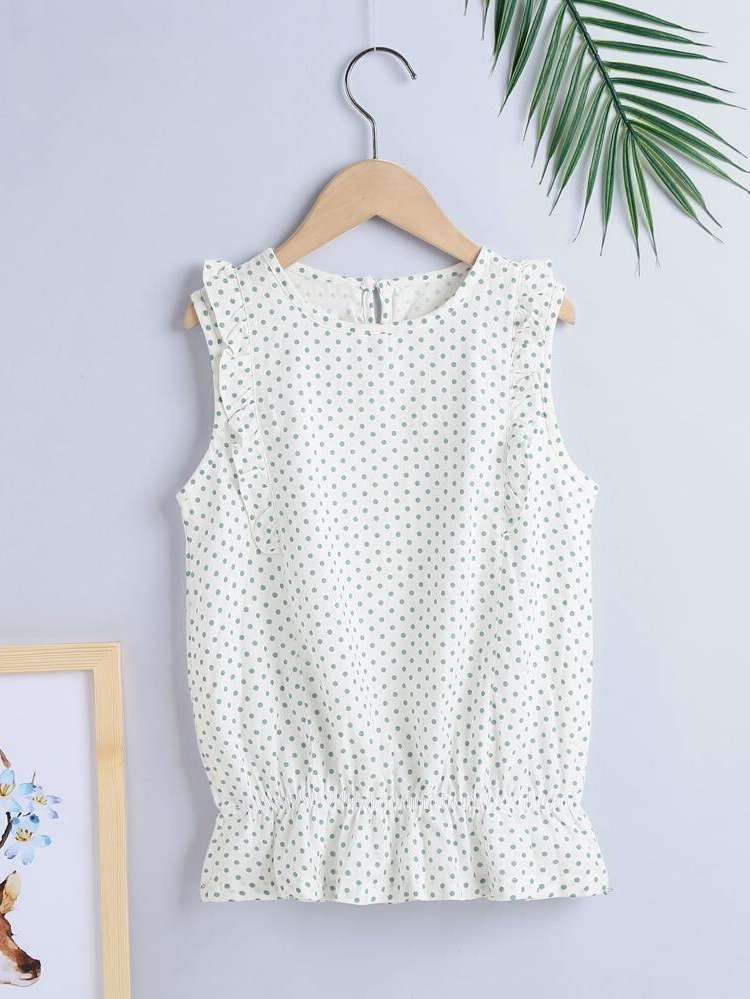 Sleeveless Cute Ruffle Polka Dot Girls Blouses 6143