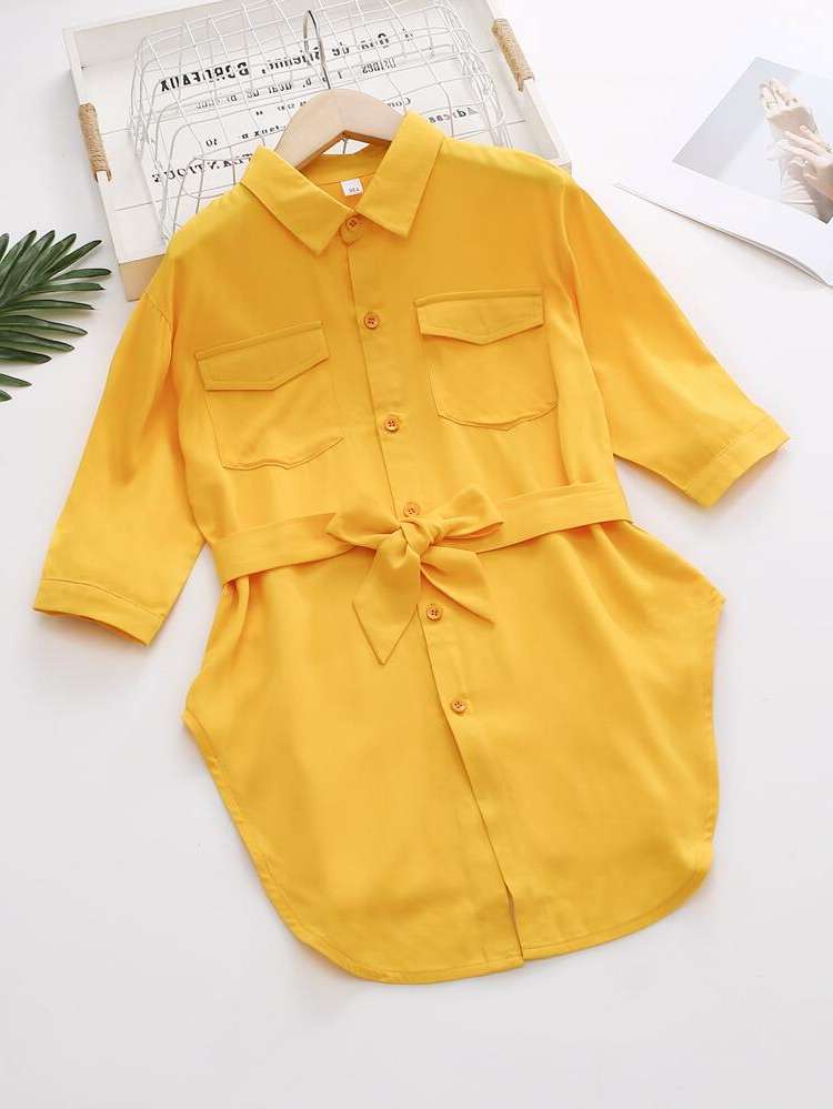 Collar Three Quarter Length Sleeve Plain Casual Girls Clothing 8634