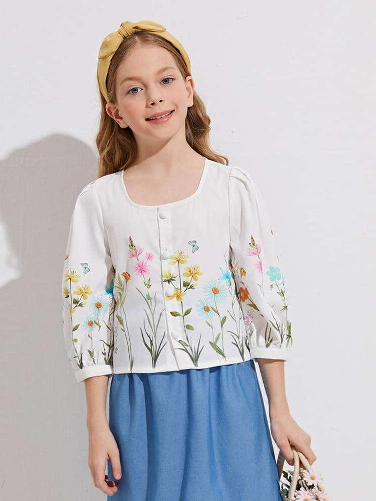 Boho Floral White Three Quarter Length Sleeve Girls Blouses 318