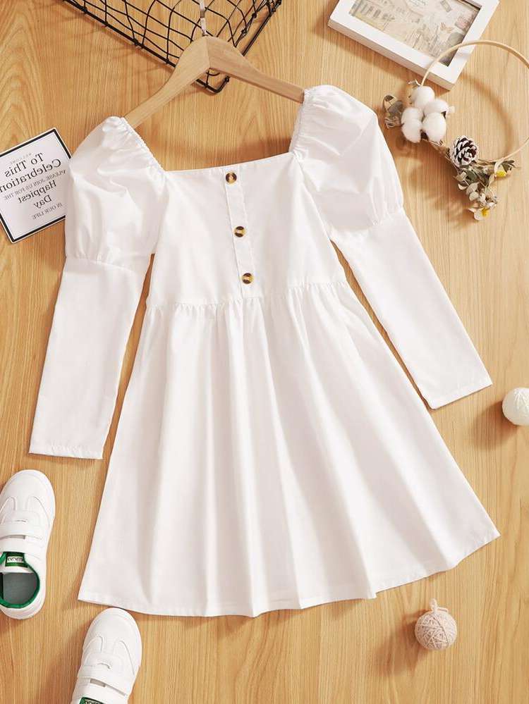  Casual Square Neck White Girls Dresses 2042