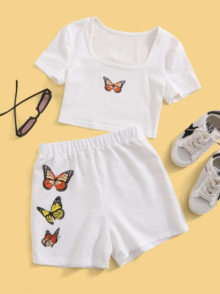 Scoop Neck Casual Butterfly Girls Two-piece Outfits 848