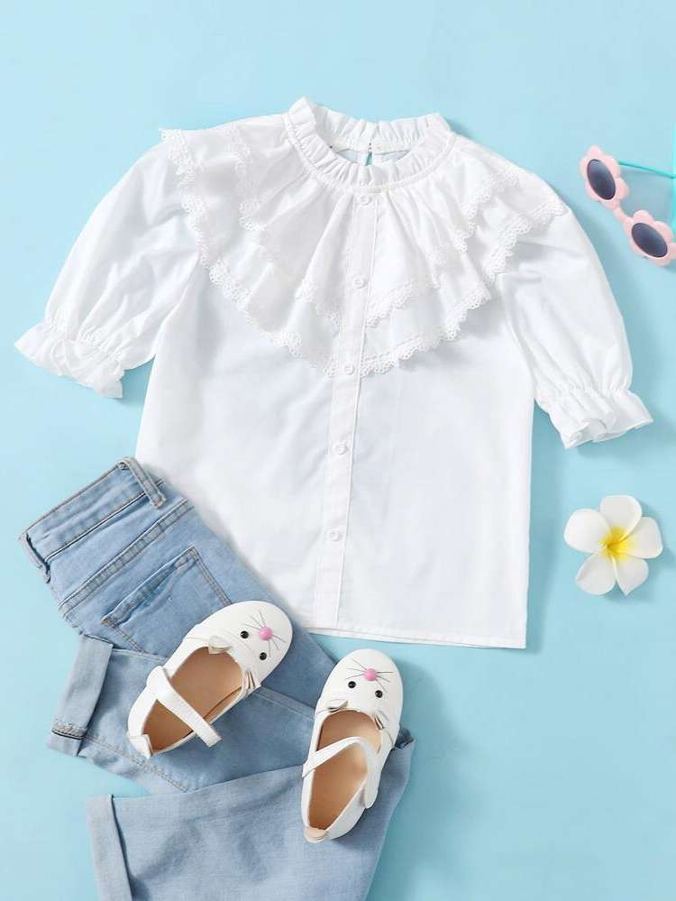 Stand Collar Short Sleeve White Regular Fit Girls Tops 9034