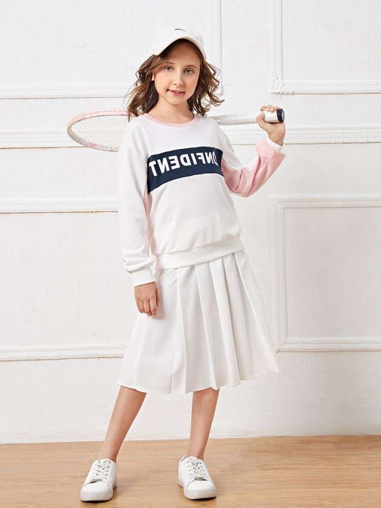 Pleated Letter Long Sleeve Girls Clothing 4180