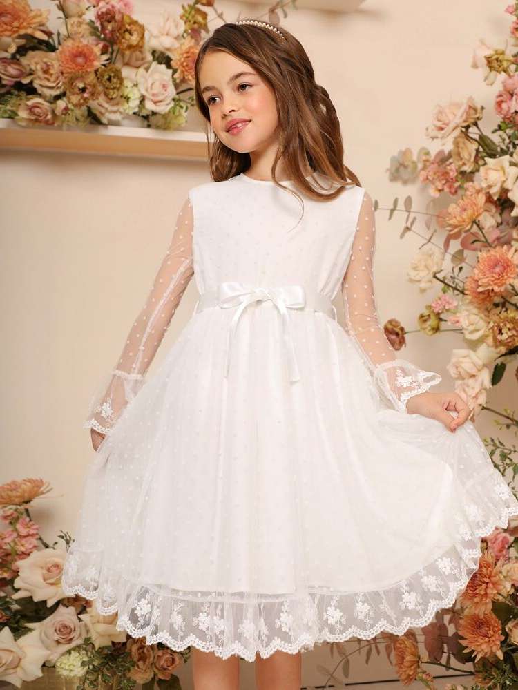  Round Neck White Long Sleeve Girls Partywear 5916