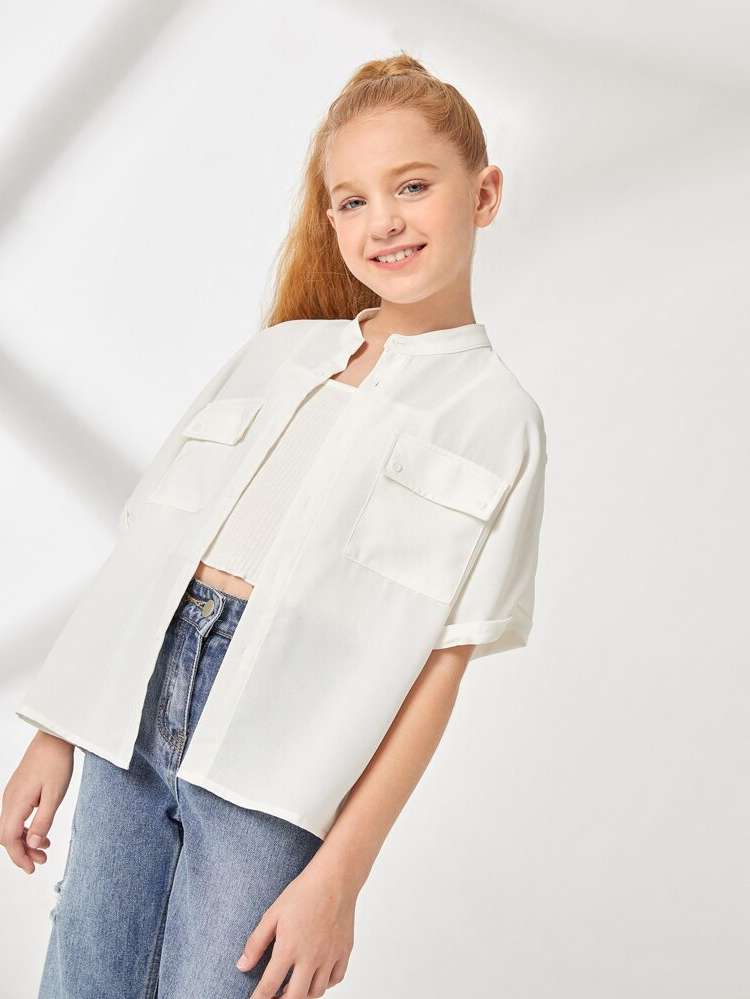 White Plain Stand Collar Casual Kids Clothing 832