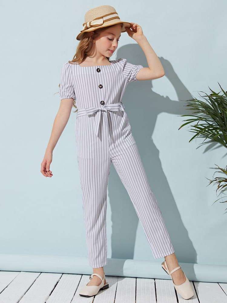 Long Belted Short Sleeve Girls Jumpsuits 1659