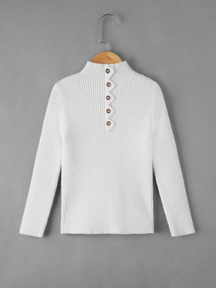 Stand Collar Button White Slim Fit Toddler Girls Knitwear 6186