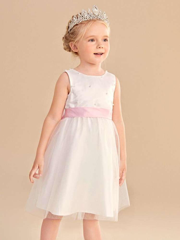 White Sleeveless Round Neck Glamorous Toddler Girls Clothing 9795