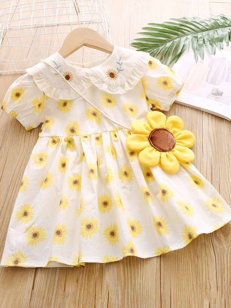 Regular Fit Short Sleeve Floral White Toddler Girl Dresses 600