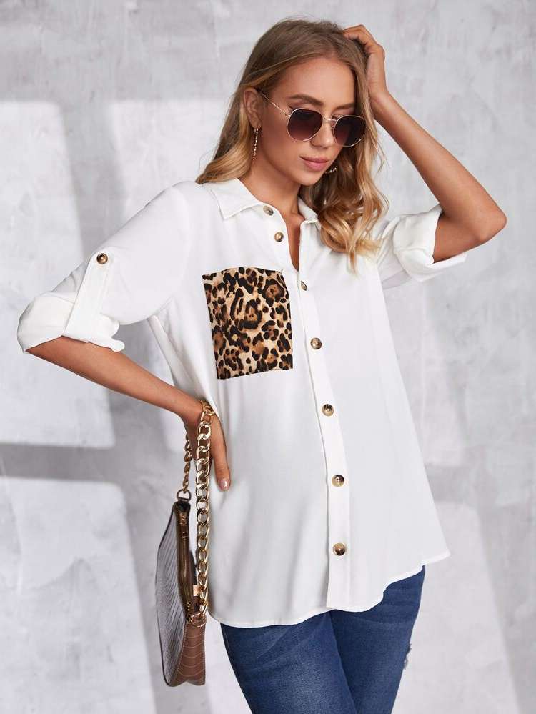 Long Sleeve Pocket Collar White Maternity 6702