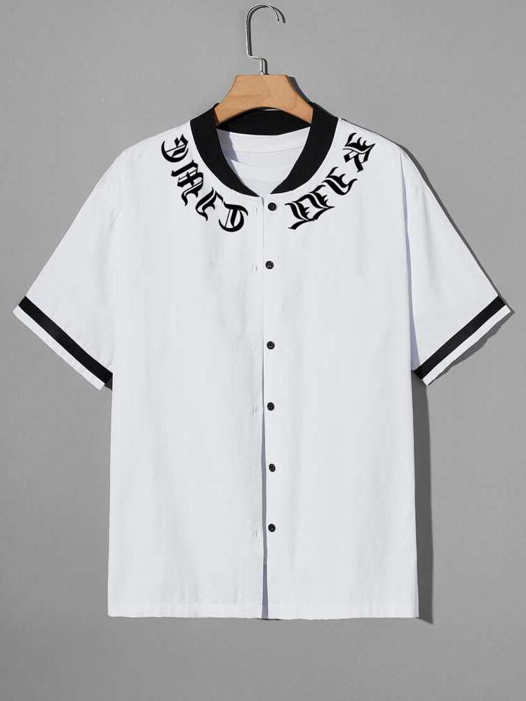 Baseball Collar White Letter Short Sleeve Men Clothing 523