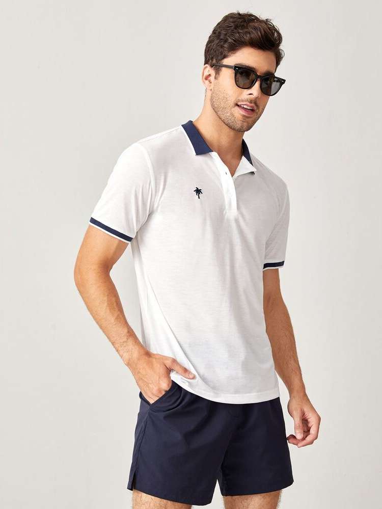 Regular Fit Contrast Collar Short Sleeve Preppy Men Polo Shirts 7830