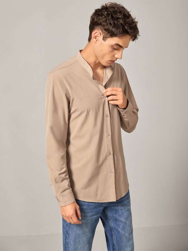 Long Sleeve Stand Collar Plain Button Front Men Shirts 507