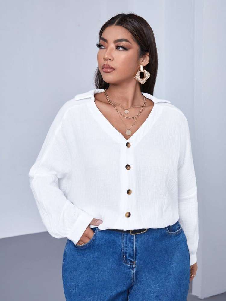  Long Sleeve V neck Regular Fit Plus Size Tops 960