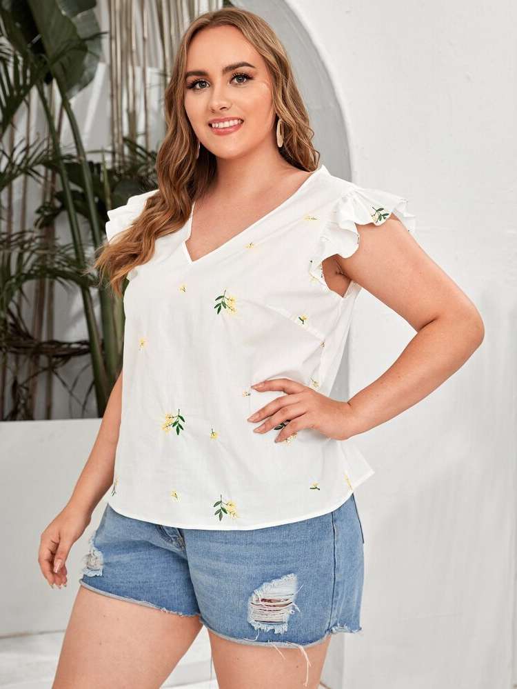 Regular Cap Sleeve Embroidery Plus Size Blouses 628