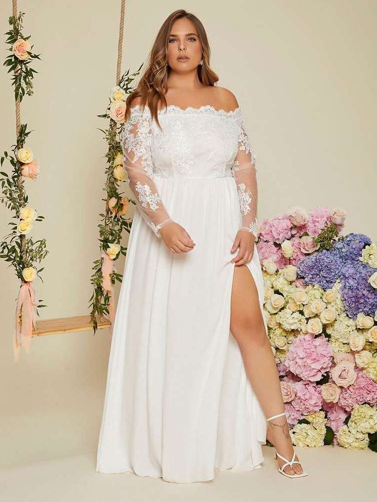  White Long Sleeve Off the Shoulder Plus Size Bridesmaid Dresses 69