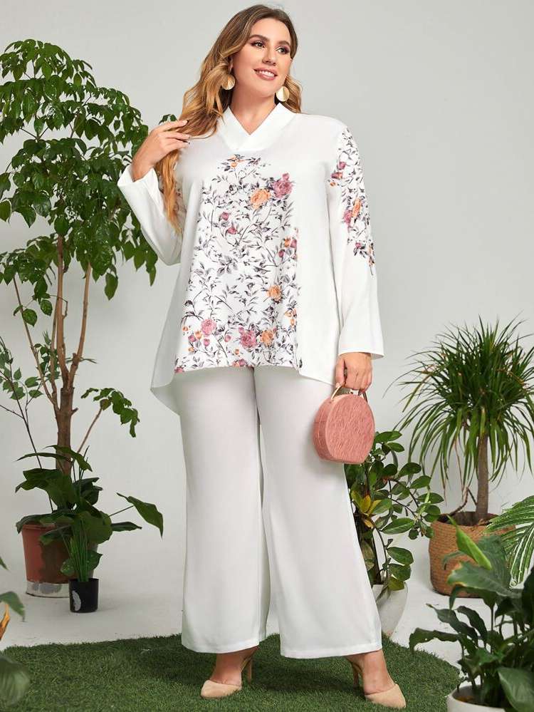  Elegant Floral White Plus Size Co-Ords 675