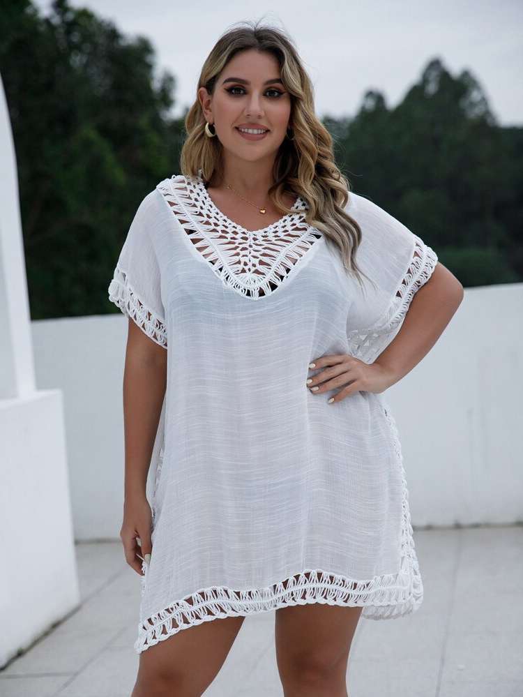  V neck White Casual Plus Size Cover Ups 2819